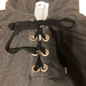 Gray hoodie with cross cross tie front